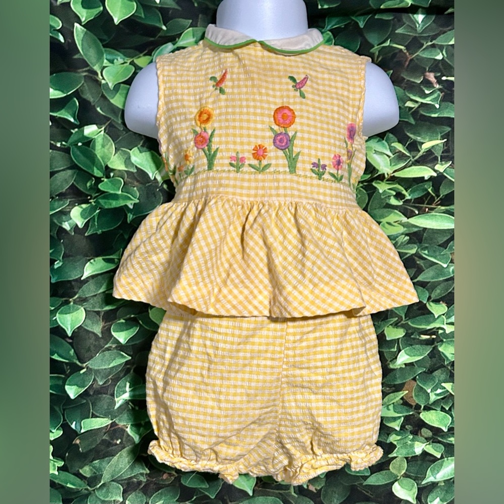 VTG 90s Summer Outfit Bloomers 6-9 Months Checkered Yellow Green Floral 2 Piece